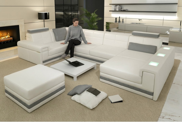 Ecksofa Sofa Wunnlandschaft U-Form Polster Couch Ledersofa + Schemel