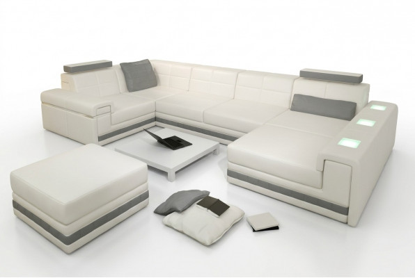 Ecksofa Sofa Wunnlandschaft U-Form Polster Couch Ledersofa + Schemel