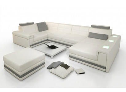 Ecksofa Sofa Wunnlandschaft U-Form Polster Couch Ledersofa + Schemel