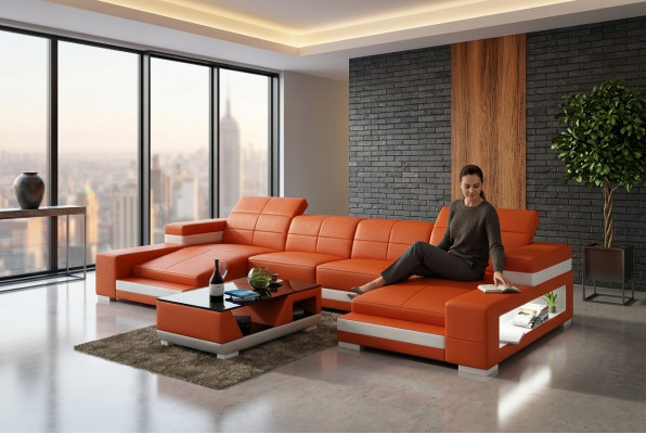 Eckcouch Sofa Wunnlandschaft U-Form Polster Canapé Liederdivan Orange