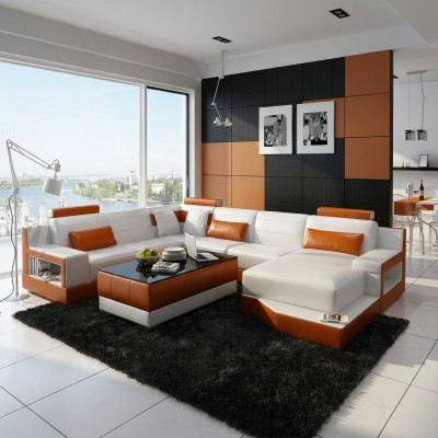Ecksofa Sofa Wohnlandschaft U Form gepolstert Couch Ledersofa Wäiss