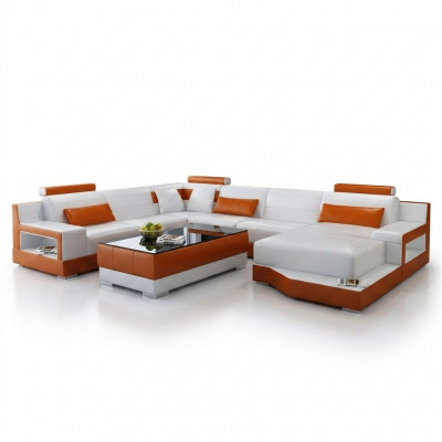 Ecksofa Sofa Wohnlandschaft U Form gepolstert Couch Ledersofa Wäiss