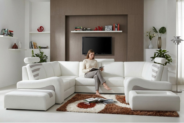 Modern Ecksofa L-Form Polster Ecksëtz Couch Dekor + Hocker