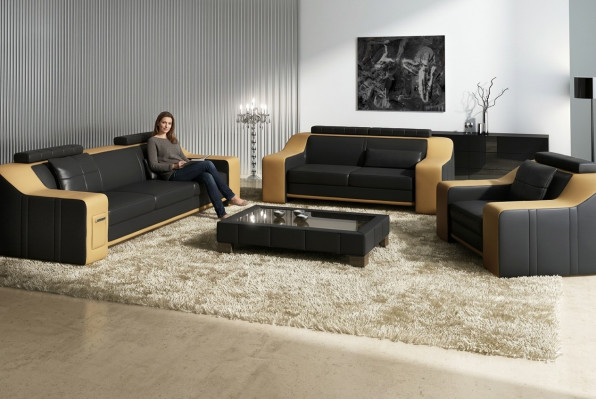 Ledercouch Canapé Sofagarnitur Garnituren Design Modern Canapé 3+1+1 Sëtzplaz