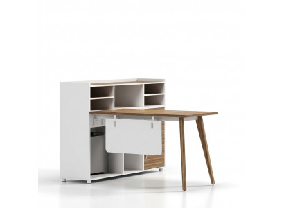 Luxuriéisen Holzbürosdësch am modernen Design a hellen Faarwen.