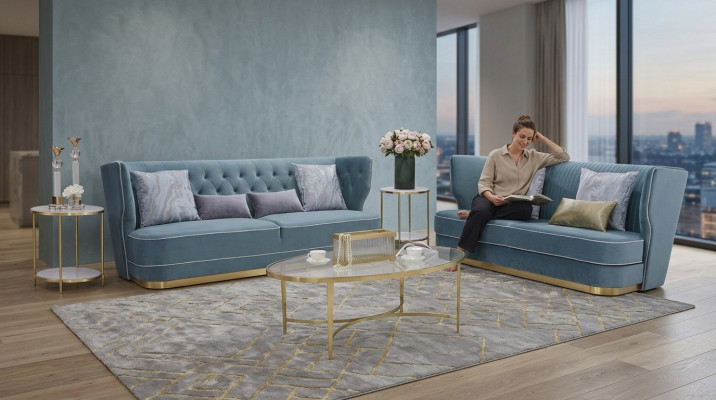 Designer Sofa Sofagarnitur 3+3 Sëtzer Couch Polster Garnitur Grupp Metall