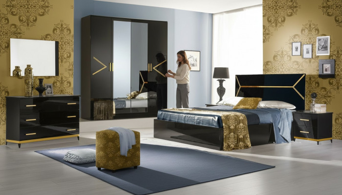 Klassesch Schlofzëmmer Set Garnitur Luxus Modern Stil Bett 6 Deeler Holz Kommode