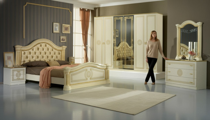 Schlofkummer Chesterfield Liederbett 6tlg Design Miwwelset Nuetsdësch Kommode