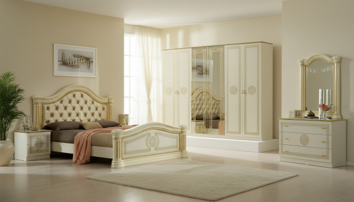 Schlofkummer Chesterfield Liederbett 6tlg Design Miwwelset Nuetsdësch Kommode
