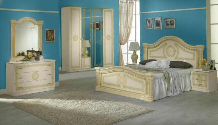 Luxus-Schlofkummer Klassesch Holz-Bett Nuetsdësch 6tlg Design Miwwelen