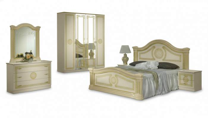 Luxus-Schlofkummer Klassesch Holz-Bett Nuetsdësch 6tlg Design Miwwelen