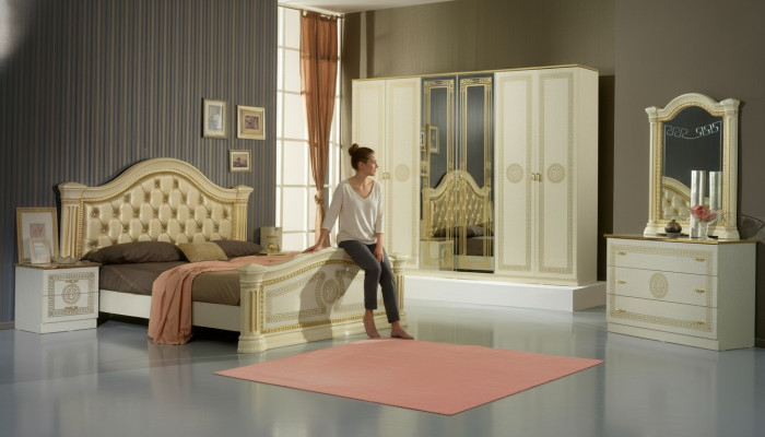 Design Schlofzëmmer 3-Teilege Set: Bett, 2x Nuetsdësch, Klassesch Luxus Bett Set Miwwelen