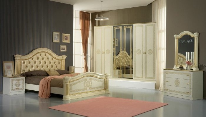 Design Schlofzëmmer 3-Teilege Set: Bett, 2x Nuetsdësch, Klassesch Luxus Bett Set Miwwelen