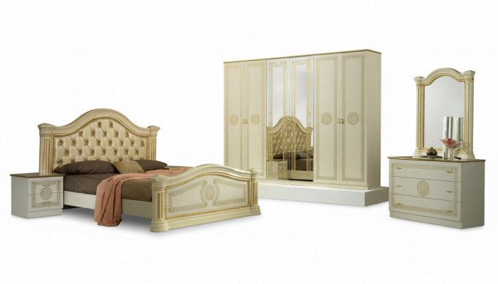 Design Schlofzëmmer 3-Teilege Set: Bett, 2x Nuetsdësch, Klassesch Luxus Bett Set Miwwelen