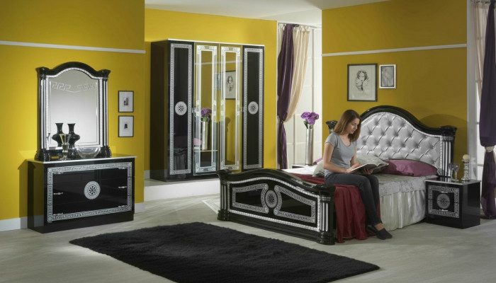Bett 2x Nuetsdësch 3tlg. Schlofkummer Set Design Luxus Schlofkummer Chesterfield