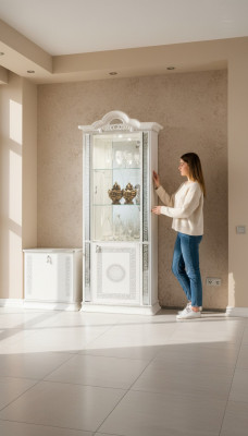 Héichwäerteg Vitrin Vitrinnen Luxus Schaf Holz Italienesche Stil Miwwelen Glas Nei