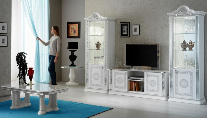 Wunnzëmmer Set Wunnmauer Vitrin Kommod Dësch RTV Vitrinen Komplett 3 Deeler Set Nei