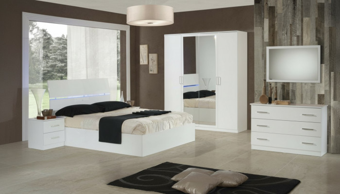 Design-Schlofkummer 6 Stéck Komplett Set Bett Nuetsdësch Kommode Spigel Holz