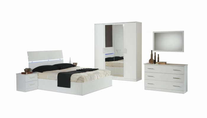 Design-Schlofkummer 6 Stéck Komplett Set Bett Nuetsdësch Kommode Spigel Holz
