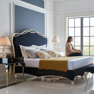 Designtextil Bett Ehe modern Hotelgestell Luxus Schlofzëmmer Duebel.