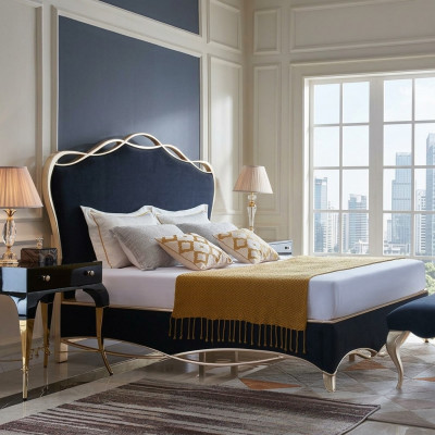 Designtextil Bett Ehe modern Hotelgestell Luxus Schlofzëmmer Duebel.