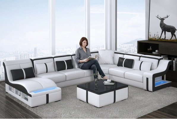 Design Ecksofa U-Form Beléiert Couch Lieder Textil Sofa Nei Wunnlandschaft LED