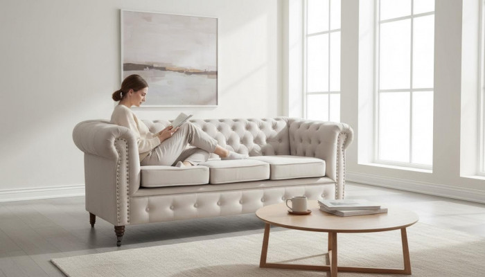 Chesterfield Dräisëtzer Couche Sofa Polster + Hocker Sofas Couchen 2tlg. Set Nei