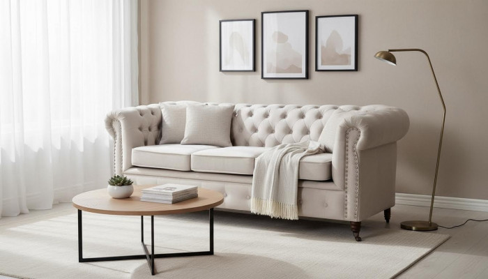 Chesterfield Dräisëtzer Couche Sofa Polster + Hocker Sofas Couchen 2tlg. Set Nei