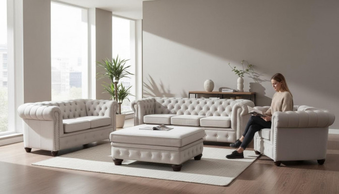 Chesterfield Sofagarnitur Canapé Set 321+Hocker Sëtz Polster Garnituren Textil