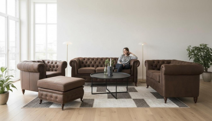 Chesterfield Canapé Sëtz Polster 321 Pouf Sëtzgarnitur Canapé Canapéen Fousshocker