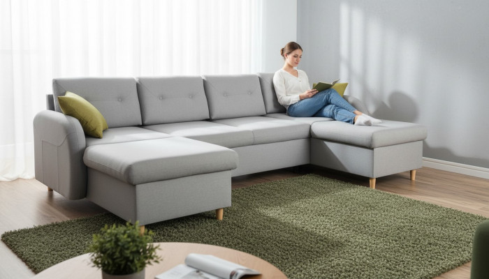 Wunnlandschaft Ecksofa Stoff U-Form Bettfunktioun Couch Design Dekor Këssen