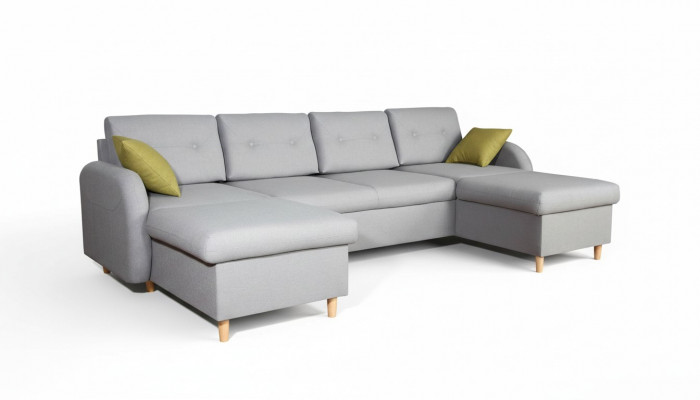 Wunnlandschaft Ecksofa Stoff U-Form Bettfunktioun Couch Design Dekor Këssen