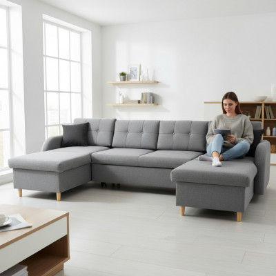 Wunnlandschaft Ecksofa Stoff U-Form Bettfunktioun Canapé Dekor Design Polster