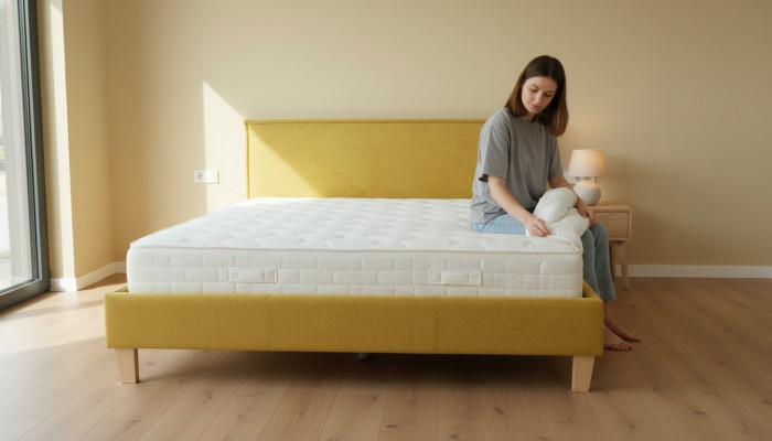 Duebelbett, Bett, Better, Këssen, Schlofkummer, Bettkëscht, Bestietnes, Giel Textil, Stoff.