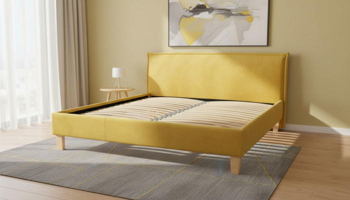 Duebelbett, Bett, Better, Këssen, Schlofkummer, Bettkëscht, Bestietnes, Giel Textil, Stoff.