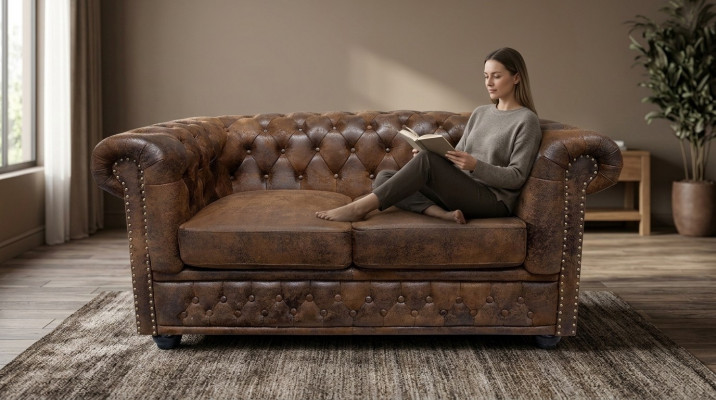 Chesterfield Textil Canapé Polsterung 2 Sëtzer Stoff Canapéen Canapé'en Brownen Zweisëtzer