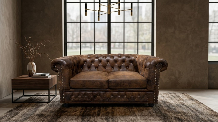 Chesterfield Textil Canapé Polsterung 2 Sëtzer Stoff Canapéen Canapé'en Brownen Zweisëtzer