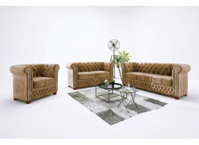 Chesterfield Textil Design Luxus Sofagarnitur Couch Sofa Polster 3+1 Sëtzplaz Nei