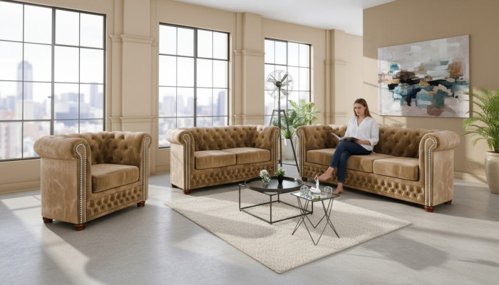 Design Canapé 3 Plazen Chesterfield Stoff Couch Polster Canapéen Textil Couchen Nei