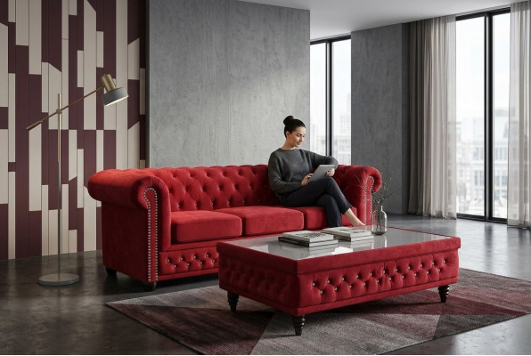 Chesterfield Textil Canapé Pleséier 2 Sëtzer Stoff Canapéen Couchen Zweesëtzer Rout