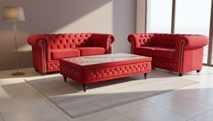 Chesterfield Textil Canapé Pleséier 2 Sëtzer Stoff Canapéen Couchen Zweesëtzer Rout