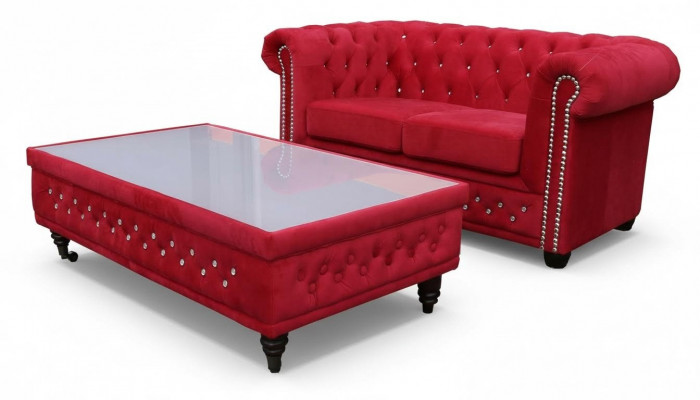 Chesterfield Textil Canapé Pleséier 2 Sëtzer Stoff Canapéen Couchen Zweesëtzer Rout