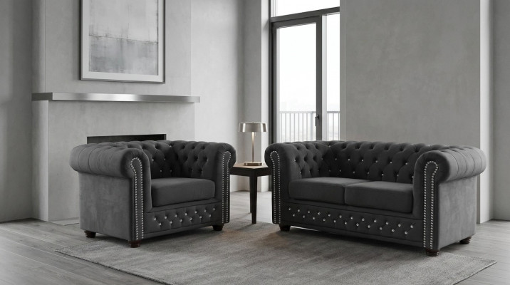 Chesterfield Textil Canapé Polster 2-Sëtz Stoff Sofa Couche Zweisëtzer Schwaarz