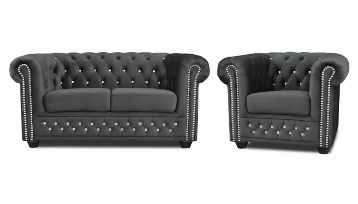 Chesterfield Textil Canapé Polster 2-Sëtz Stoff Sofa Couche Zweisëtzer Schwaarz
