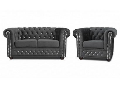 Chesterfield Textil Canapé Polster 2-Sëtz Stoff Sofa Couche Zweisëtzer Schwaarz