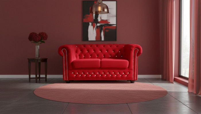 Chesterfield Textil Couch Polster 2-Sëtzer Stoff Sofa Couchen rout Zweesëtzer