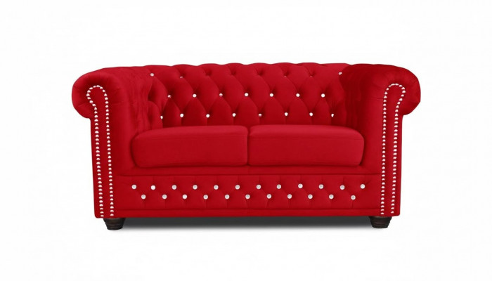 Chesterfield Textil Couch Polster 2-Sëtzer Stoff Sofa Couchen rout Zweesëtzer