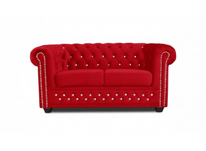 Chesterfield Textil Couch Polster 2-Sëtzer Stoff Sofa Couchen rout Zweesëtzer