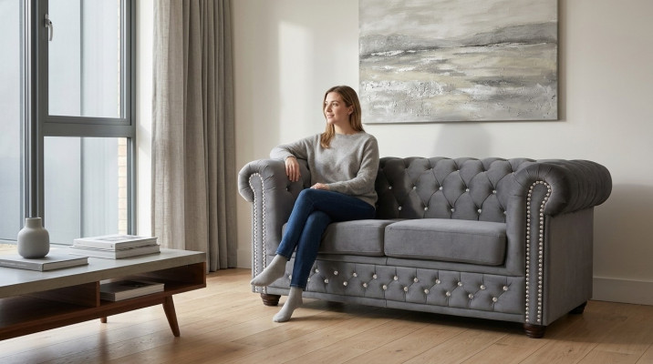 Chesterfield Textil Couch Polster 2-Sëtzer Sofas Couches schwaarz Zweisëtzer Neij.