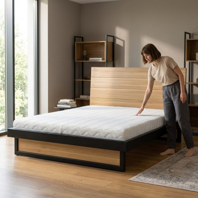 Loft Better 140x200cm Massivt Holz Schlofzëmmer Miwwelen Echt-Holz Bett Eech Metall